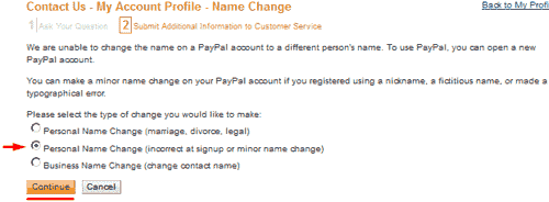 Форма для изменения имени и фамилии на сайте Paypal.com